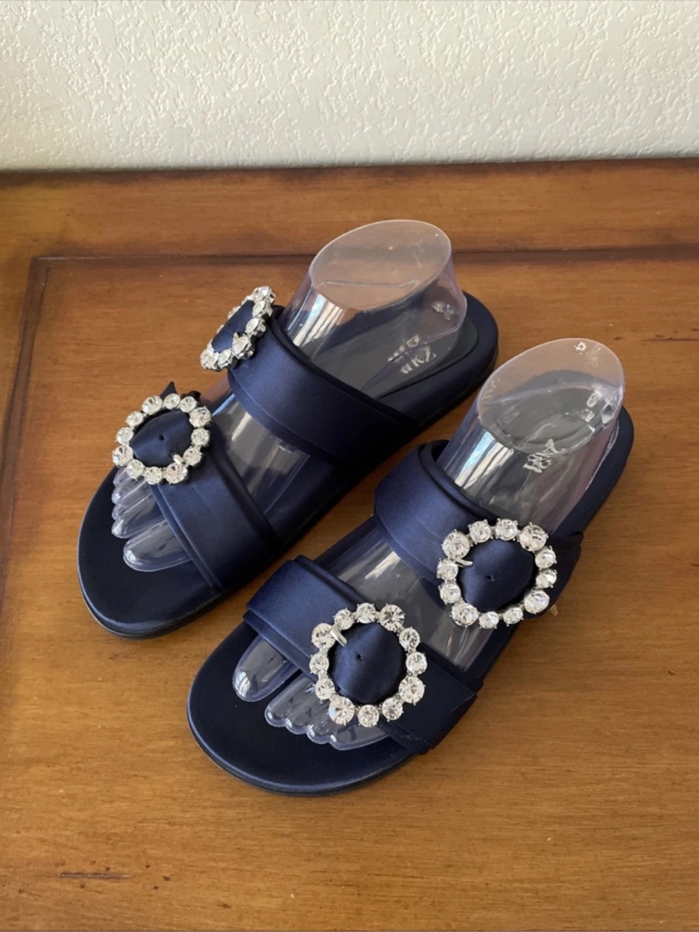 Zara Women Satin Slider Sandals w/ Rhinestone Buckle Navy Blue Sz 39 (US 8.5)